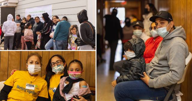 A grid of photos showing people in masks waiting in line.