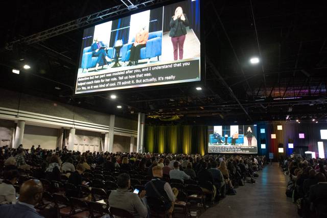 Dr. Judy Monroe conducts a Q&A session with 2023 Fries Prize winer Dr. Anne Schuchat during the opening ceremonies of the APHA meeting in November 2023