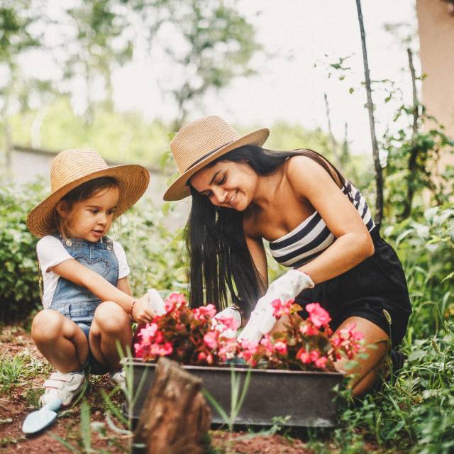 Mother and daughter in garden planting flowers